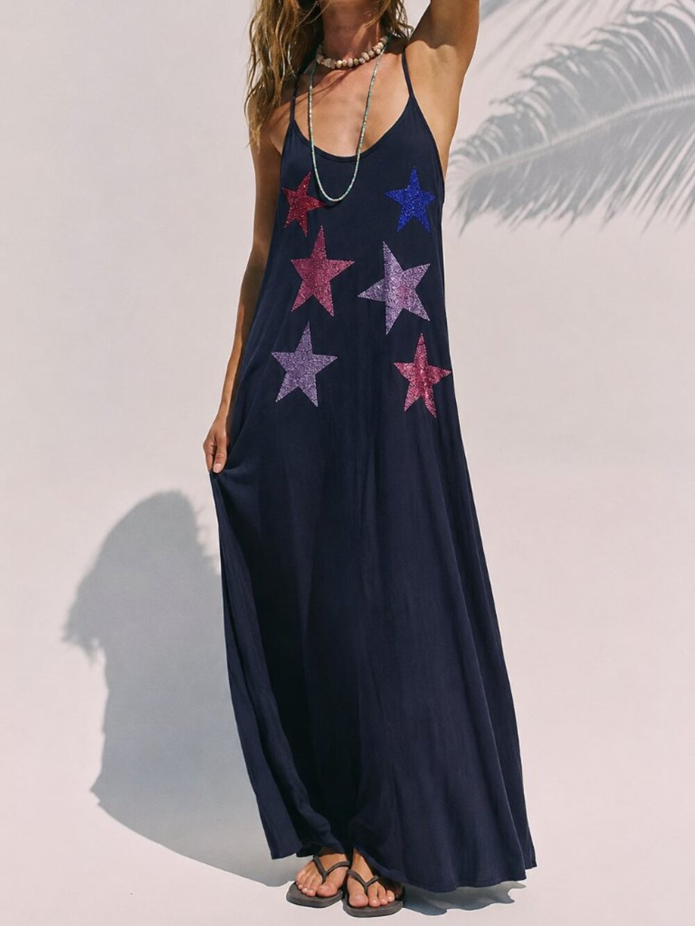 Lauren Moshi Berna Crystal Star Maxi Dress Navy Supima Cotton Boho Festival NWOT